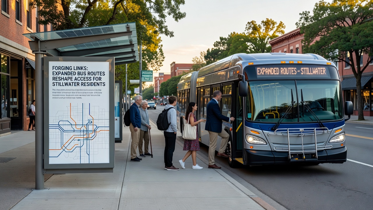 Residents boarding a modern low-floor bus at a newly installed shelter in Stillwater