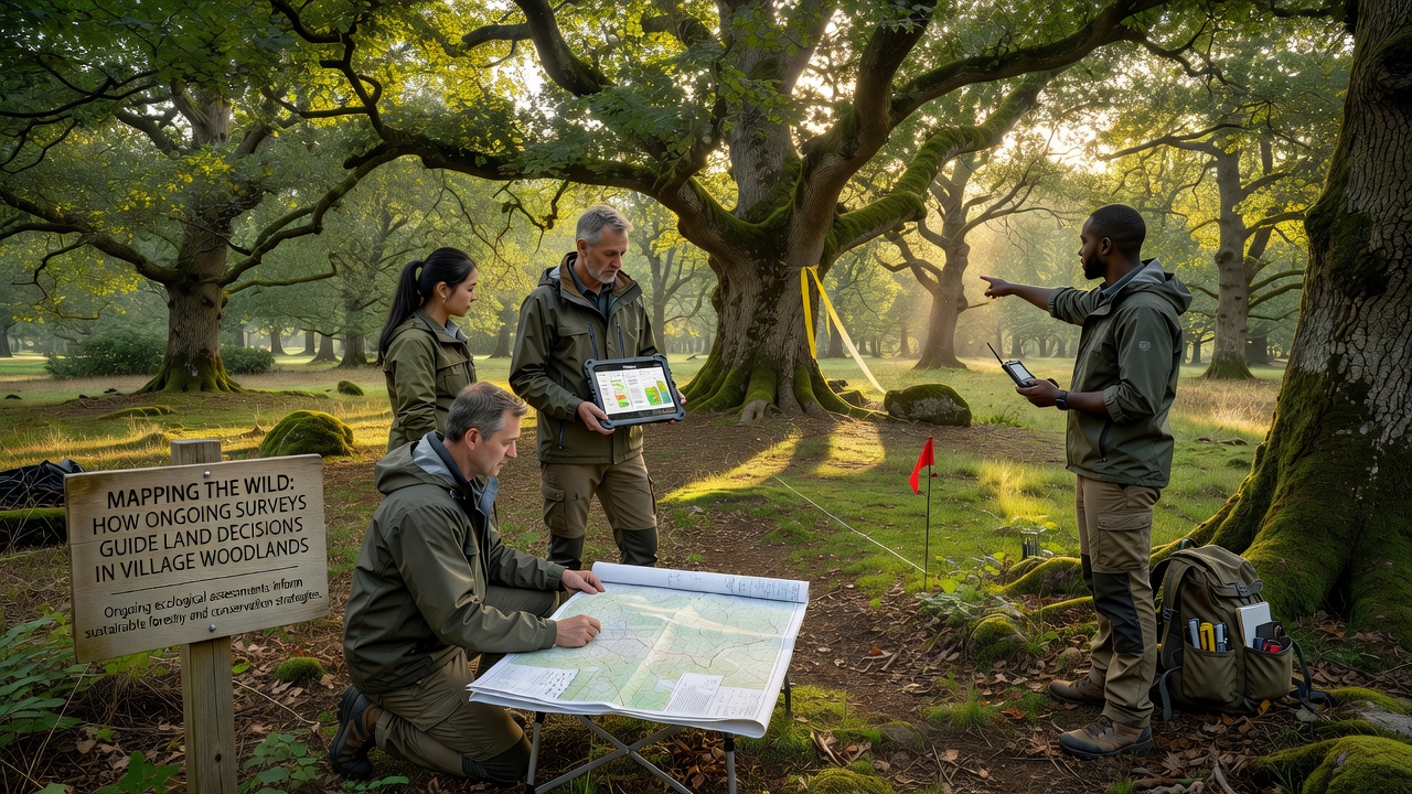Field researchers using handheld devices to record woodland flora during an ongoing survey