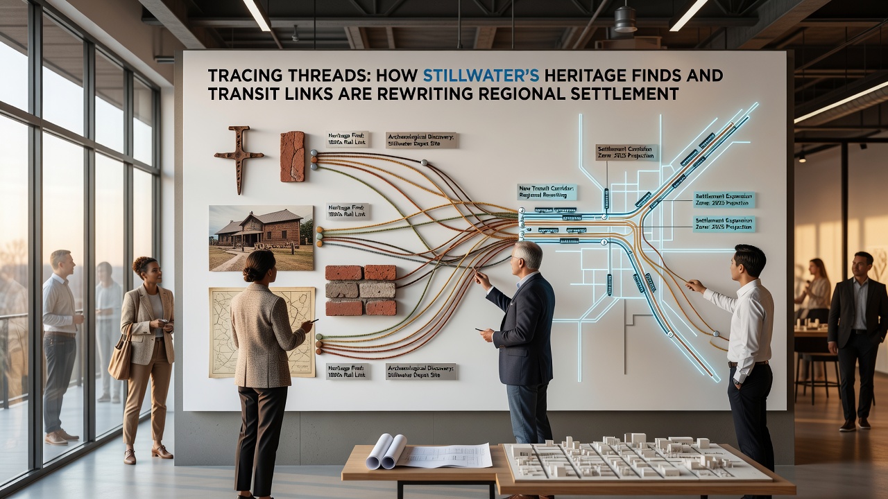 Map overlay showing ancient transit routes intersecting with newly discovered settlement sites around Stillwater